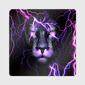 Магнит виниловый Квадрат с принтом НЕОНОВЫЙ ЛЕВ  NEON LION в Екатеринбурге, полимерный материал с магнитным слоем | размер 9*9 см, закругленные углы | lion | neon | голова | гроза | дикая кошка | животные | кот | кошка | лев | молния | неон | тигр | хищник