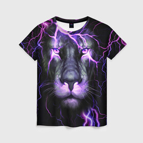 Женская футболка 3D с принтом НЕОНОВЫЙ ЛЕВ  NEON LION в Екатеринбурге, 100% полиэфир ( синтетическое хлопкоподобное полотно) | прямой крой, круглый вырез горловины, длина до линии бедер | lion | neon | голова | гроза | дикая кошка | животные | кот | кошка | лев | молния | неон | тигр | хищник