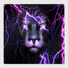 Магнитный плакат 3Х3 с принтом НЕОНОВЫЙ ЛЕВ  NEON LION в Екатеринбурге, Полимерный материал с магнитным слоем | 9 деталей размером 9*9 см | lion | neon | голова | гроза | дикая кошка | животные | кот | кошка | лев | молния | неон | тигр | хищник