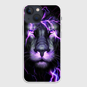 Чехол для iPhone 13 mini с принтом НЕОНОВЫЙ ЛЕВ  NEON LION в Екатеринбурге,  |  | lion | neon | голова | гроза | дикая кошка | животные | кот | кошка | лев | молния | неон | тигр | хищник