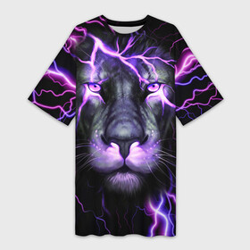 Платье-футболка 3D с принтом НЕОНОВЫЙ ЛЕВ  NEON LION в Екатеринбурге,  |  | lion | neon | голова | гроза | дикая кошка | животные | кот | кошка | лев | молния | неон | тигр | хищник