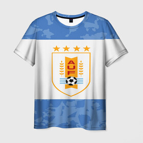 Мужская футболка 3D с принтом Сборная Уругвая в Екатеринбурге, 100% полиэфир | прямой крой, круглый вырез горловины, длина до линии бедер | кавани | португалия | россия | спорт | суарес | уругвай | футбол | чемпионат мира | чемпионат мира по футболу | чм | эдинсон кавани