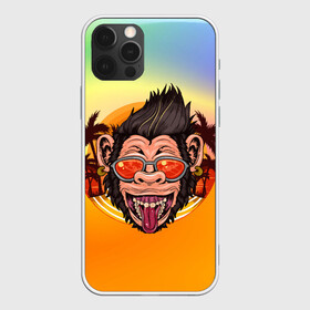 Чехол для iPhone 12 Pro с принтом Веселая обезьяна в очках в Екатеринбурге, силикон | область печати: задняя сторона чехла, без боковых панелей | закат | лето | обезьяна | очки | пальмы | побережье