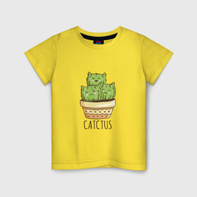 Детская футболка хлопок с принтом Котики Кактусы Catctus в Екатеринбурге, 100% хлопок | круглый вырез горловины, полуприлегающий силуэт, длина до линии бедер | Тематика изображения на принте: cactus | cat | cats | cute cactus | english words | kitten | kitty | puss | pussy | pussycat | кактус в горшке | киски | кисы | котёнок | котики | коты в виде кактусов | коты кактусы | котята | котята кактусы | котятки | кошечки | кошка | мил