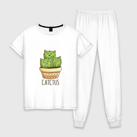 Женская пижама хлопок с принтом Котики Кактусы Catctus в Екатеринбурге, 100% хлопок | брюки и футболка прямого кроя, без карманов, на брюках мягкая резинка на поясе и по низу штанин | Тематика изображения на принте: cactus | cat | cats | cute cactus | english words | kitten | kitty | puss | pussy | pussycat | кактус в горшке | киски | кисы | котёнок | котики | коты в виде кактусов | коты кактусы | котята | котята кактусы | котятки | кошечки | кошка | мил