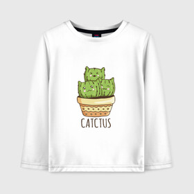 Детский лонгслив хлопок с принтом Котики Кактусы Catctus в Екатеринбурге, 100% хлопок | круглый вырез горловины, полуприлегающий силуэт, длина до линии бедер | Тематика изображения на принте: cactus | cat | cats | cute cactus | english words | kitten | kitty | puss | pussy | pussycat | кактус в горшке | киски | кисы | котёнок | котики | коты в виде кактусов | коты кактусы | котята | котята кактусы | котятки | кошечки | кошка | мил