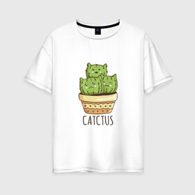 Женская футболка хлопок Oversize с принтом Котики Кактусы Catctus в Екатеринбурге, 100% хлопок | свободный крой, круглый ворот, спущенный рукав, длина до линии бедер
 | cactus | cat | cats | cute cactus | english words | kitten | kitty | puss | pussy | pussycat | кактус в горшке | киски | кисы | котёнок | котики | коты в виде кактусов | коты кактусы | котята | котята кактусы | котятки | кошечки | кошка | мил