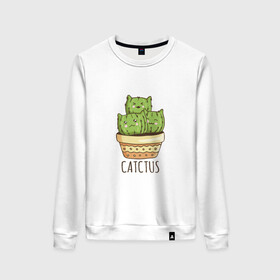 Женский свитшот хлопок с принтом Котики Кактусы Catctus в Екатеринбурге, 100% хлопок | прямой крой, круглый вырез, на манжетах и по низу широкая трикотажная резинка  | Тематика изображения на принте: cactus | cat | cats | cute cactus | english words | kitten | kitty | puss | pussy | pussycat | кактус в горшке | киски | кисы | котёнок | котики | коты в виде кактусов | коты кактусы | котята | котята кактусы | котятки | кошечки | кошка | мил