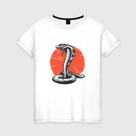 Женская футболка хлопок с принтом Японская Кобра | Japan Cobra в Екатеринбурге, 100% хлопок | прямой крой, круглый вырез горловины, длина до линии бедер, слегка спущенное плечо | art | asp | aspid | cobra kai | japanese | poison | poisoned | red sun | snake | vemonous | venom | viper | арт | вайпер | восходящее солнце | змея | иллюстрация | кобра кай | красное солнце | рисунок кобры | солнце | яд | яд