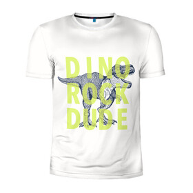 Мужская футболка 3D спортивная с принтом DINO ROCK DUDE в Екатеринбурге, 100% полиэстер с улучшенными характеристиками | приталенный силуэт, круглая горловина, широкие плечи, сужается к линии бедра | Тематика изображения на принте: dino | games | roar | rock | rock star | t rex | дино | динозавр | динозавры | рок | рокер