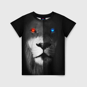 Детская футболка 3D с принтом ЛЕВ - НЕОНОВЫЕ ГЛАЗА в Екатеринбурге, 100% гипоаллергенный полиэфир | прямой крой, круглый вырез горловины, длина до линии бедер, чуть спущенное плечо, ткань немного тянется | Тематика изображения на принте: lion | neon | глаза | голова | дикая кошка | животные | кот | кошка | лев | неон | светящиеся глаза | тигр | хищник