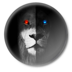 Значок с принтом ЛЕВ - НЕОНОВЫЕ ГЛАЗА в Екатеринбурге,  металл | круглая форма, металлическая застежка в виде булавки | lion | neon | глаза | голова | дикая кошка | животные | кот | кошка | лев | неон | светящиеся глаза | тигр | хищник