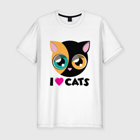 Мужская футболка хлопок Slim с принтом I Love Cats в Екатеринбурге, 92% хлопок, 8% лайкра | приталенный силуэт, круглый вырез ворота, длина до линии бедра, короткий рукав | animal | cat | cute | kitty | love | meow | друг | животные | киска | китти | кот | котенок | котик | котэ | кошечка | кошка | милый | мур | мяу | питомец | тигр