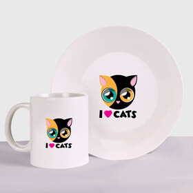 Набор: тарелка + кружка с принтом I Love Cats в Екатеринбурге, керамика | Кружка: объем — 330 мл, диаметр — 80 мм. Принт наносится на бока кружки, можно сделать два разных изображения. 
Тарелка: диаметр - 210 мм, диаметр для нанесения принта - 120 мм. | Тематика изображения на принте: animal | cat | cute | kitty | love | meow | друг | животные | киска | китти | кот | котенок | котик | котэ | кошечка | кошка | милый | мур | мяу | питомец | тигр
