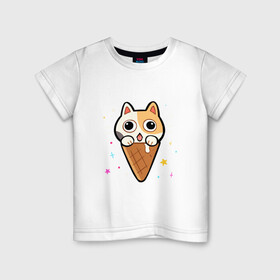 Детская футболка хлопок с принтом Ice Cream Cat в Екатеринбурге, 100% хлопок | круглый вырез горловины, полуприлегающий силуэт, длина до линии бедер | animal | cat | cute | kitty | meow | друг | животные | киска | китти | кот | котенок | котик | котэ | кошечка | кошка | милый | мороженое | мур | мяу | питомец | тигр