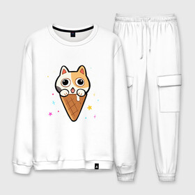 Мужской костюм хлопок с принтом Ice Cream Cat в Екатеринбурге, 100% хлопок | на свитшоте круглая горловина, мягкая резинка по низу. Брюки заужены к низу, на них два вида карманов: два “обычных” по бокам и два объемных, с клапанами, расположенные ниже линии бедра. Брюки с мягкой трикотажной резинкой на поясе и по низу штанин. В поясе для дополнительного комфорта — широкие завязки | Тематика изображения на принте: animal | cat | cute | kitty | meow | друг | животные | киска | китти | кот | котенок | котик | котэ | кошечка | кошка | милый | мороженое | мур | мяу | питомец | тигр