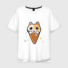 Мужская футболка хлопок Oversize с принтом Ice Cream Cat в Екатеринбурге, 100% хлопок | свободный крой, круглый ворот, “спинка” длиннее передней части | animal | cat | cute | kitty | meow | друг | животные | киска | китти | кот | котенок | котик | котэ | кошечка | кошка | милый | мороженое | мур | мяу | питомец | тигр