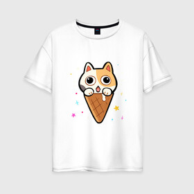Женская футболка хлопок Oversize с принтом Ice Cream Cat в Екатеринбурге, 100% хлопок | свободный крой, круглый ворот, спущенный рукав, длина до линии бедер
 | animal | cat | cute | kitty | meow | друг | животные | киска | китти | кот | котенок | котик | котэ | кошечка | кошка | милый | мороженое | мур | мяу | питомец | тигр