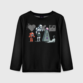 Детский лонгслив 3D с принтом Любовь, Смерть & Роботы в Екатеринбурге, 100% полиэстер | длинные рукава, круглый вырез горловины, полуприлегающий силуэт
 | cat | cats | death | logo | love | netflix | robots | анимация | кино | кот | кошка | лого | любовь | нетфликс | роботы | сериал