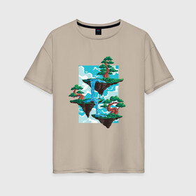Женская футболка хлопок Oversize с принтом Парящие острова | Пейзаж в Екатеринбурге, 100% хлопок | свободный крой, круглый ворот, спущенный рукав, длина до линии бедер
 | art | clouds | dream | faity tale | fantasy | floating islands | landscape | painting | tale | tree | арт | водопад | водопады | деревья | иллюстрация | картина | летающие острова | мечта | небо | облака | рисунок | сказка | сновидение | сон