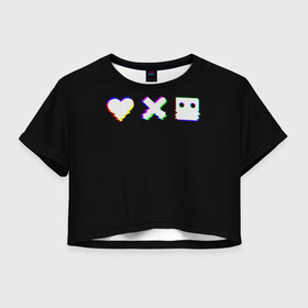 Женская футболка Crop-top 3D с принтом Love Death and Robots (Glitch) в Екатеринбурге, 100% полиэстер | круглая горловина, длина футболки до линии талии, рукава с отворотами | death | glitch | heart | ldr | logo | love | netflix | robots | smile | анимация | глитч | глич | кино | лого | лср | любовь | нетфликс | роботы | сердце | сериал | смайл | смайлик
