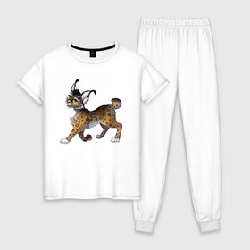 Женская пижама хлопок с принтом Мультяшная рысь в Екатеринбурге, 100% хлопок | брюки и футболка прямого кроя, без карманов, на брюках мягкая резинка на поясе и по низу штанин | furry | lynx | животные | кошки | мультфильмы | рысь | хищники