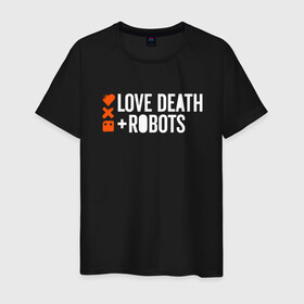 Мужская футболка хлопок с принтом ЛЮБОВЬ СМЕРТЬ И РОБОТЫ в Екатеринбурге, 100% хлопок | прямой крой, круглый вырез горловины, длина до линии бедер, слегка спущенное плечо. | death | hear | ldr | logo | love | netflix | robots | smile | анимация | кино | лого | лср | любовь | нетфликс | роботы | сердце | сериал | смайл | смайлик
