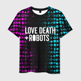 Мужская футболка 3D с принтом ЛЮБОВЬ СМЕРТЬ И РОБОТЫ в Екатеринбурге, 100% полиэфир | прямой крой, круглый вырез горловины, длина до линии бедер | death | hear | ldr | logo | love | netflix | robots | smile | анимация | кино | лого | лср | любовь | нетфликс | роботы | сердце | сериал | смайл | смайлик