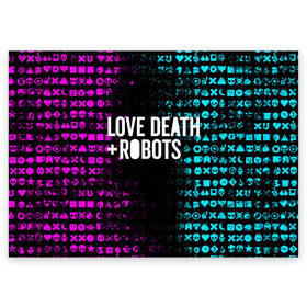 Поздравительная открытка с принтом ЛЮБОВЬ СМЕРТЬ И РОБОТЫ в Екатеринбурге, 100% бумага | плотность бумаги 280 г/м2, матовая, на обратной стороне линовка и место для марки
 | death | hear | ldr | logo | love | netflix | robots | smile | анимация | кино | лого | лср | любовь | нетфликс | роботы | сердце | сериал | смайл | смайлик