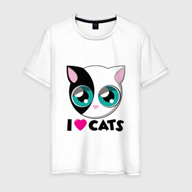 Мужская футболка хлопок с принтом I Love Cats в Екатеринбурге, 100% хлопок | прямой крой, круглый вырез горловины, длина до линии бедер, слегка спущенное плечо. | animal | cat | cute | kitty | love | meow | друг | животные | киска | китти | кот | котенок | котик | котэ | кошечка | кошка | люблю | любовь | милый | мур | мяу | питомец | тигр