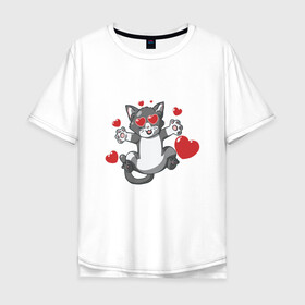 Мужская футболка хлопок Oversize с принтом Love Cat в Екатеринбурге, 100% хлопок | свободный крой, круглый ворот, “спинка” длиннее передней части | animal | cat | cute | kitty | love | meow | друг | животные | киска | китти | кот | котенок | котик | котэ | кошечка | кошка | люблю | любовь | милый | мур | мяу | питомец | сердце | тигр