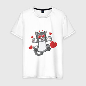 Мужская футболка хлопок с принтом Love Cat в Екатеринбурге, 100% хлопок | прямой крой, круглый вырез горловины, длина до линии бедер, слегка спущенное плечо. | animal | cat | cute | kitty | love | meow | друг | животные | киска | китти | кот | котенок | котик | котэ | кошечка | кошка | люблю | любовь | милый | мур | мяу | питомец | сердце | тигр