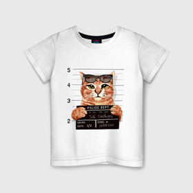 Детская футболка хлопок с принтом РУТОЙ КОТ В ОЧКАХ ЗАКЛЮЧЕННЫЙ в Екатеринбурге, 100% хлопок | круглый вырез горловины, полуприлегающий силуэт, длина до линии бедер | cat | cats | cool | cute | funny | kitten | kitty | meow | pet | prisoner | в очках | заключенный | кот | котик | коты | кошка | кошки | милый