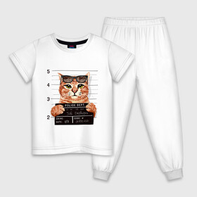 Детская пижама хлопок с принтом РУТОЙ КОТ В ОЧКАХ ЗАКЛЮЧЕННЫЙ в Екатеринбурге, 100% хлопок |  брюки и футболка прямого кроя, без карманов, на брюках мягкая резинка на поясе и по низу штанин
 | Тематика изображения на принте: cat | cats | cool | cute | funny | kitten | kitty | meow | pet | prisoner | в очках | заключенный | кот | котик | коты | кошка | кошки | милый