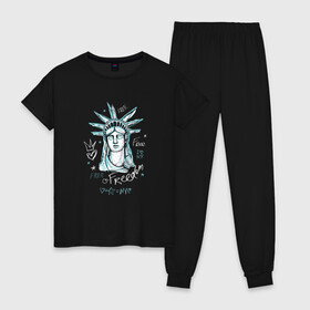Женская пижама хлопок с принтом Статуя Свободы в Екатеринбурге, 100% хлопок | брюки и футболка прямого кроя, без карманов, на брюках мягкая резинка на поясе и по низу штанин | freedom | ny | usa | граффити | надпись | нью йорк | статуя свободы | сша