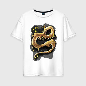 Женская футболка хлопок Oversize с принтом Золотой Дракон в Екатеринбурге, 100% хлопок | свободный крой, круглый ворот, спущенный рукав, длина до линии бедер
 | animal | art | dragon | print | арт | дракон | звери | принт | фон | япония