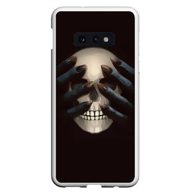 Чехол для Samsung S10E с принтом Руки на черепе в Екатеринбурге, Силикон | Область печати: задняя сторона чехла, без боковых панелей | skull | башка | голова | кость | руки | череп | черепушка