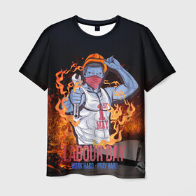 Мужская футболка 3D с принтом Work hard в Екатеринбурге, 100% полиэфир | прямой крой, круглый вырез горловины, длина до линии бедер | 1 мая | весна | день труда | лозунги | май | мир | первомай | рабочие | труд