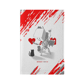 Обложка для паспорта матовая кожа с принтом Love, Death and Cats | Любов, смерть и котики (Z) в Екатеринбурге, натуральная матовая кожа | размер 19,3 х 13,7 см; прозрачные пластиковые крепления | Тематика изображения на принте: death | love | love death robots | netflix | robots | vedeathrobots | xbot 4000 | любовь | нетфликс | роботы | сериал | сериалы
