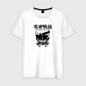 Мужская футболка хлопок с принтом Tokyo Ghoul Skull в Екатеринбурге, 100% хлопок | прямой крой, круглый вырез горловины, длина до линии бедер, слегка спущенное плечо. | tokyo ghoul | аниме | иероглифы | кэн канэки | манга | маска | монстр | скелет | токийский гуль | череп