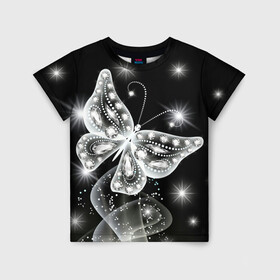Детская футболка 3D с принтом Белая бабочка в Екатеринбурге, 100% гипоаллергенный полиэфир | прямой крой, круглый вырез горловины, длина до линии бедер, чуть спущенное плечо, ткань немного тянется | бабочка | блестки | блестящая бабочка | черно белое