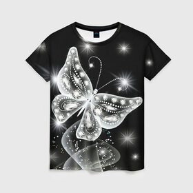 Женская футболка 3D с принтом Белая бабочка в Екатеринбурге, 100% полиэфир ( синтетическое хлопкоподобное полотно) | прямой крой, круглый вырез горловины, длина до линии бедер | бабочка | блестки | блестящая бабочка | черно белое