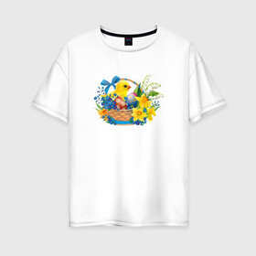 Женская футболка хлопок Oversize с принтом Пасха в Екатеринбурге, 100% хлопок | свободный крой, круглый ворот, спущенный рукав, длина до линии бедер
 | корзина | пасха | пасхальные яйца | праздник | рисунок | цветы | цыпленок | яйца