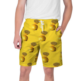 Мужские шорты 3D с принтом Летние лимоны в Екатеринбурге,  полиэстер 100% | прямой крой, два кармана без застежек по бокам. Мягкая трикотажная резинка на поясе, внутри которой широкие завязки. Длина чуть выше колен | желтый | лето | лимон | паттерн | сочный | цитрус