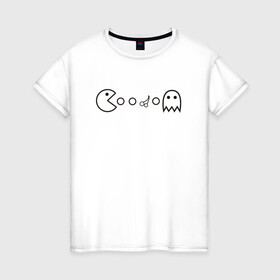 Женская футболка хлопок с принтом Пакман в Екатеринбурге, 100% хлопок | прямой крой, круглый вырез горловины, длина до линии бедер, слегка спущенное плечо | art | cherry | game | ghost | pacman | арт | вишня | игра | пакман | привидение | призрак