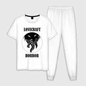 Мужская пижама хлопок с принтом Lovecraft Horror в Екатеринбурге, 100% хлопок | брюки и футболка прямого кроя, без карманов, на брюках мягкая резинка на поясе и по низу штанин
 | horror | lovecraft | lovecraft horror | ктулху | лавкрафт