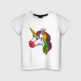 Детская футболка хлопок с принтом Цветной Единорог в Екатеринбурге, 100% хлопок | круглый вырез горловины, полуприлегающий силуэт, длина до линии бедер | Тематика изображения на принте: animal | horse | love | голова | грива | единорог | животные | зверь | конь | лошадь | любовь | магия | миф | рога | сердечки