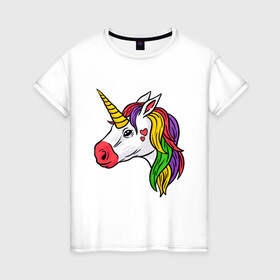 Женская футболка хлопок с принтом Цветной Единорог в Екатеринбурге, 100% хлопок | прямой крой, круглый вырез горловины, длина до линии бедер, слегка спущенное плечо | animal | horse | love | голова | грива | единорог | животные | зверь | конь | лошадь | любовь | магия | миф | рога | сердечки