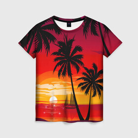 Женская футболка 3D с принтом Гавайский закат в Екатеринбурге, 100% полиэфир ( синтетическое хлопкоподобное полотно) | прямой крой, круглый вырез горловины, длина до линии бедер | гавайи | закат | корабль | лето | море | отдых | пальмы | пейзаж | песок | пляж | природа | тропики