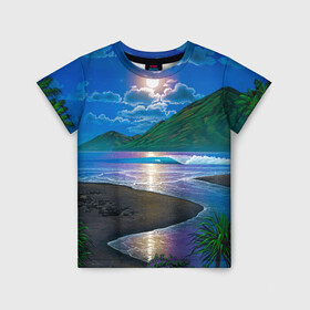 Детская футболка 3D с принтом Гавайский пейзаж в Екатеринбурге, 100% гипоаллергенный полиэфир | прямой крой, круглый вырез горловины, длина до линии бедер, чуть спущенное плечо, ткань немного тянется | Тематика изображения на принте: гавайи | корабль | лето | море | отдых | пальмы | пейзаж | песок | пляж | природа | тропики